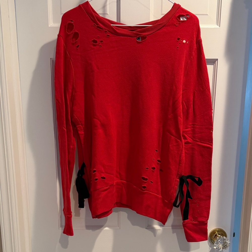 Pam & Gela Red Distressed Sweatshirt with Black ribbon tie on sides